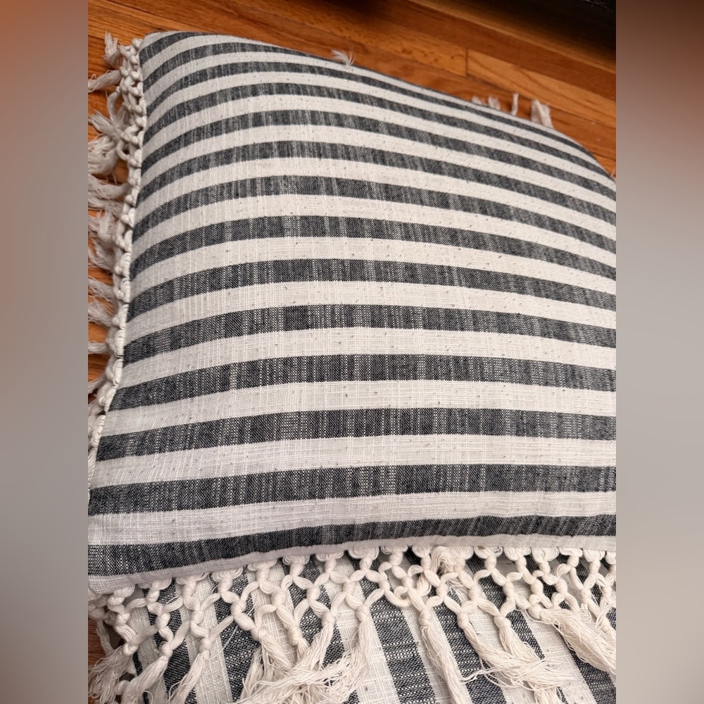 Striped Fringe Throw Pillow Feathers down fill Fringe 100% cotton removable zip - Picture 2 of 5